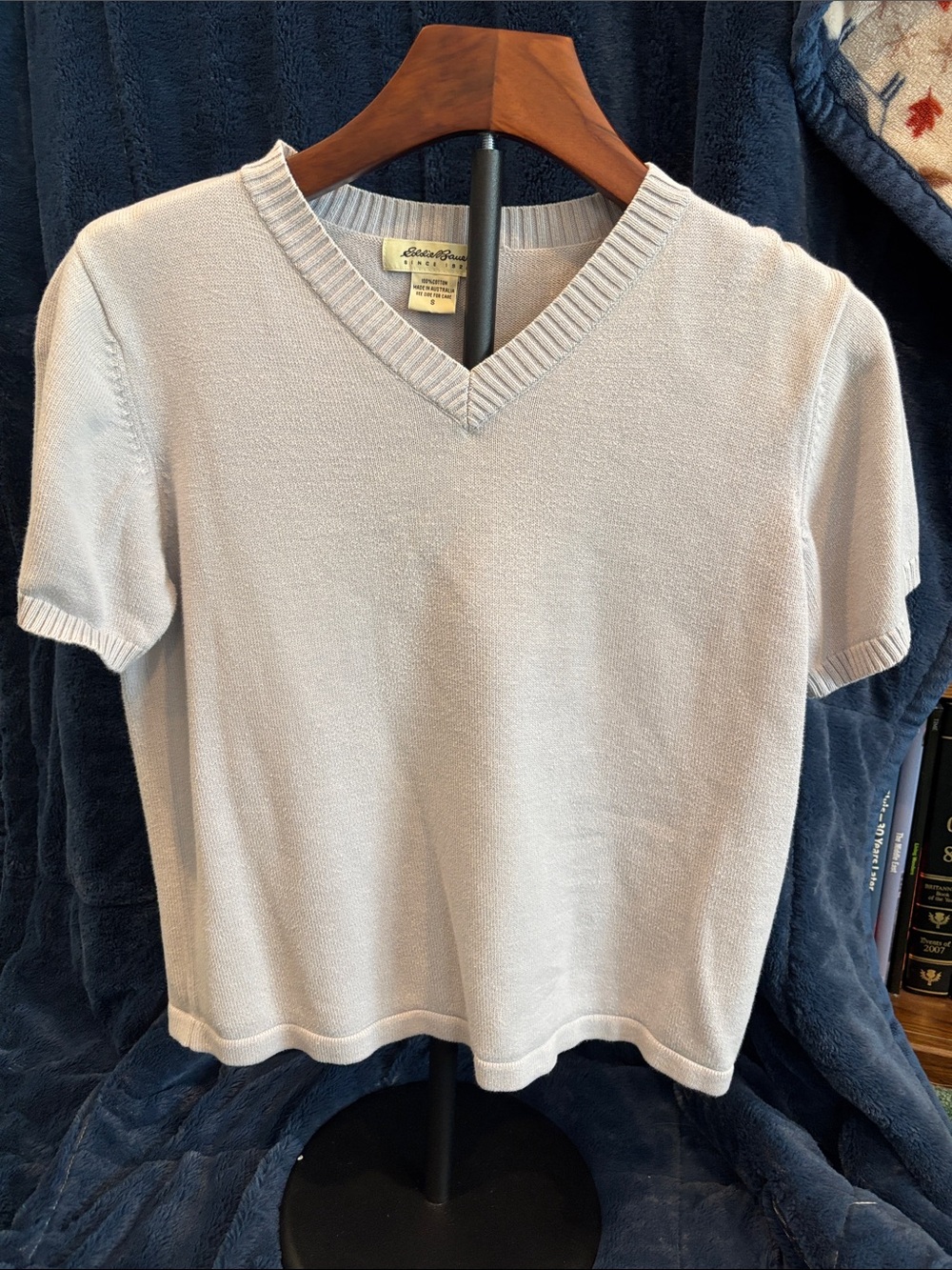 Eddie Bauer 100% Cotton V-Neck Short Sleeve Sweater Gray Blue Small